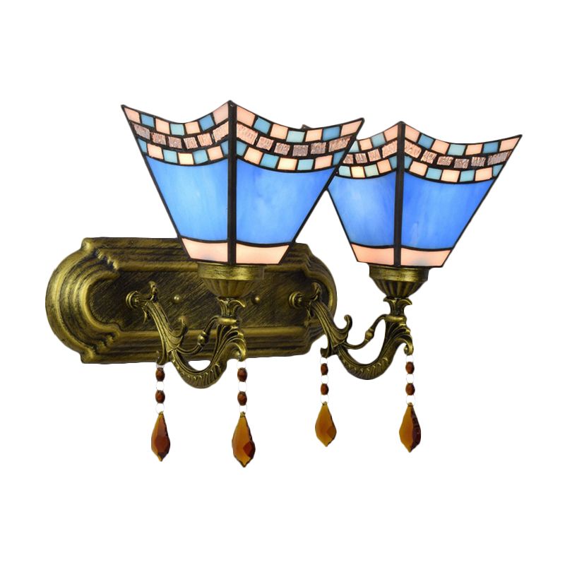 Blue Craftsman Sconce Light with Agate 2 Bulbs Mediterranean Stained Glass Wall Light for Foyer