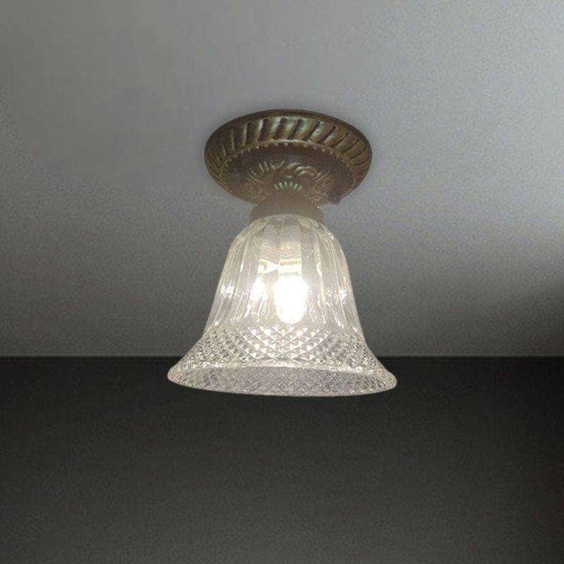 1-Bulb Bell Shape Ceiling Lighting Farmhouse Black Clear Prismatic Glass Flush Mount Fixture