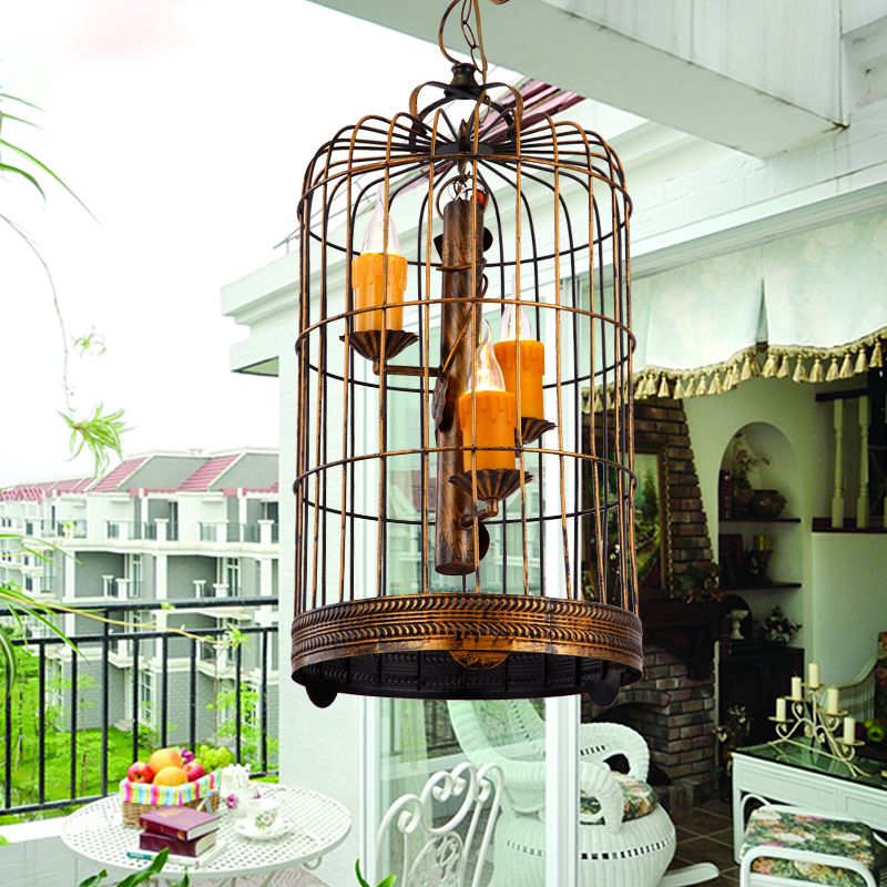 Resin Amber Drop Pendant Candle 3 Bulbs Countryside Chandelier Lamp with Antique Brass Long Bird Cage