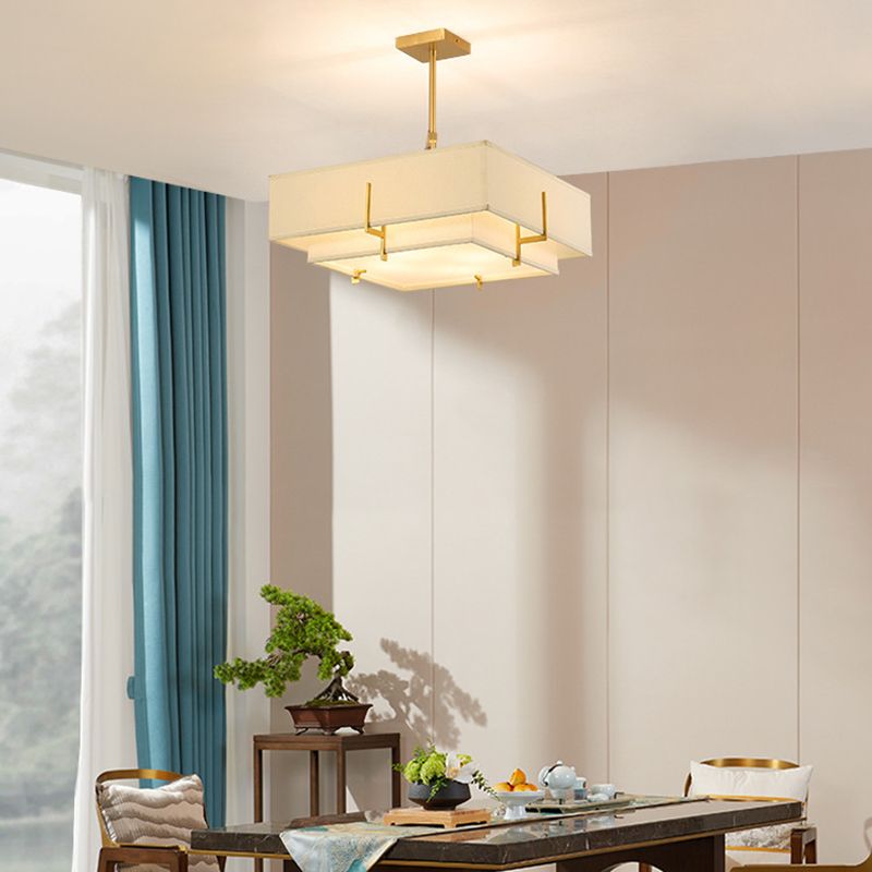 Brass Geometric Pendant Lamp Classic Fabric Chandelier for Living Room
