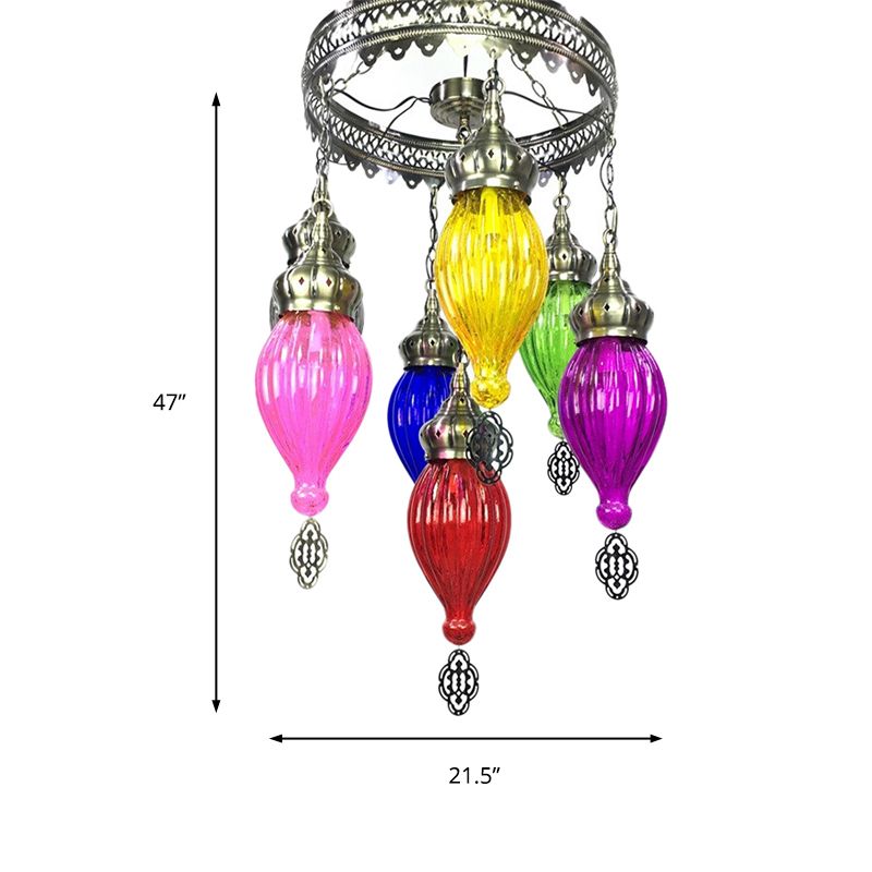 7 Bulbs Urn Ceiling Chandelier Tradition Colorful Glass Suspended Lighting Fixture in Bronze
