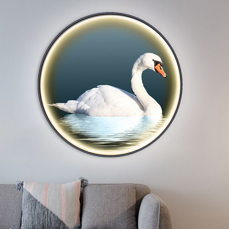 Round Bedroom Wall Mural Lamp Fixture Metal Asian Swan LED Surface Wall Sconce in White, Left/Right