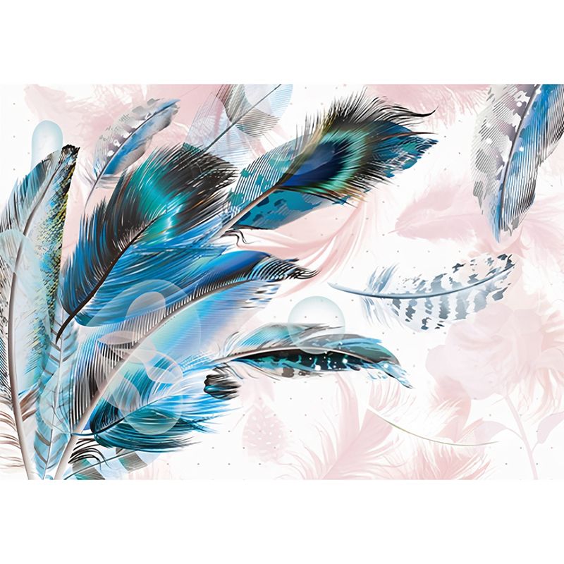 Elegant Feather Wall Mural for Living Room Chinese Traditional Wall Covering in Aqua, Made to Measure