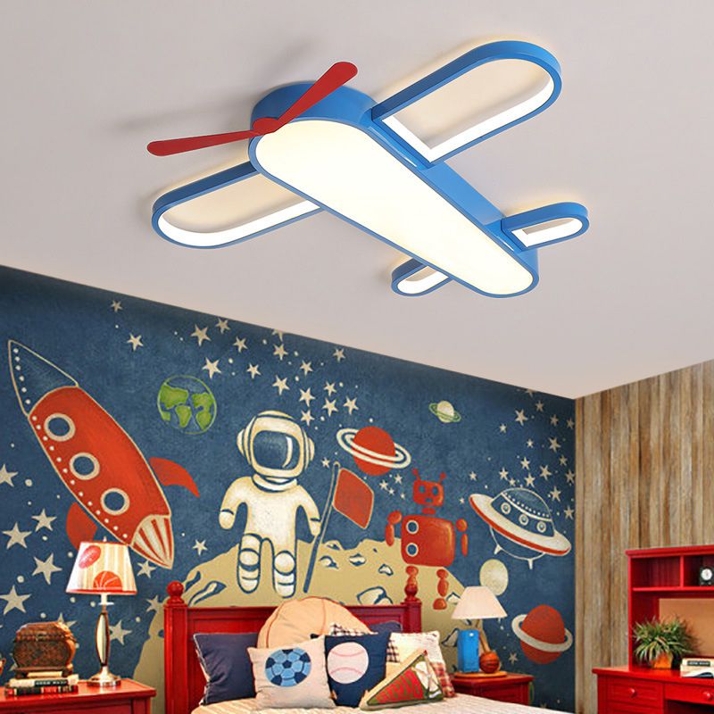Blue Aircraft LED Flush Mount Lighting Cartoon Metal Flushmount Ceiling Lamp for Bedroom