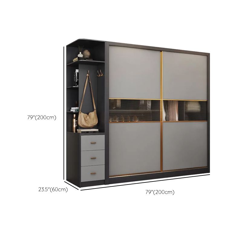 Wooden Sliding Wardrobe Cabinet Grey Wardrobe Armoire with Garment Rod