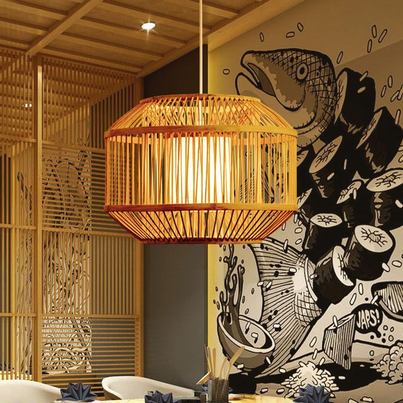 Asian handgewebtes Bambus -Hängen -Gerät mit geometrischem Schatten 16 "/19.5" W 1 Lichtheizbeleuchtung in Beige für Esszimmer