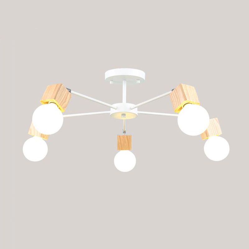3/5 Heads Open Bulb Semi-Flush Ceiling Light with Square Design Loft Style Wood Metallic Ceiling Mount Chandelier
