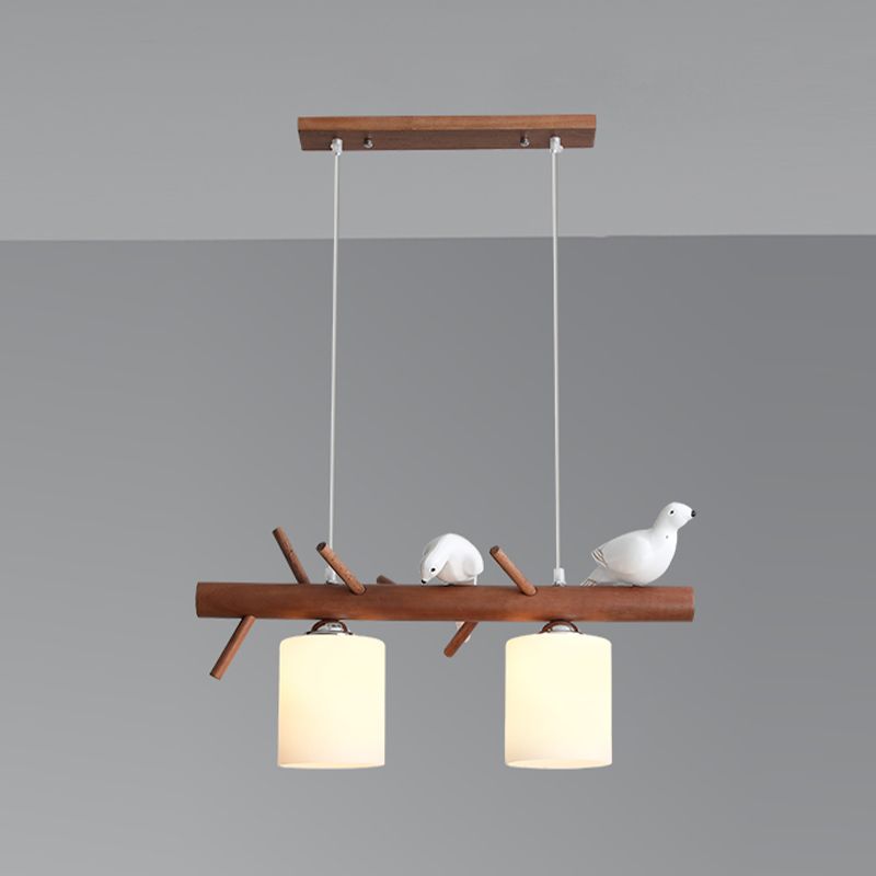 Wood Modern Pendant Light Cylinder Shape Island Light with Glass Shade for Living Room