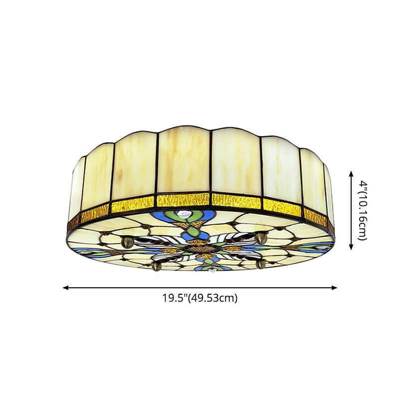 Drum Ceiling Mount Light Mediterranean Stained Glass Flush Mount Fixture for Bedroom