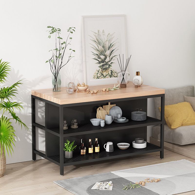 Light Wood Finish Kitchen Island Table with Metal Open Storage