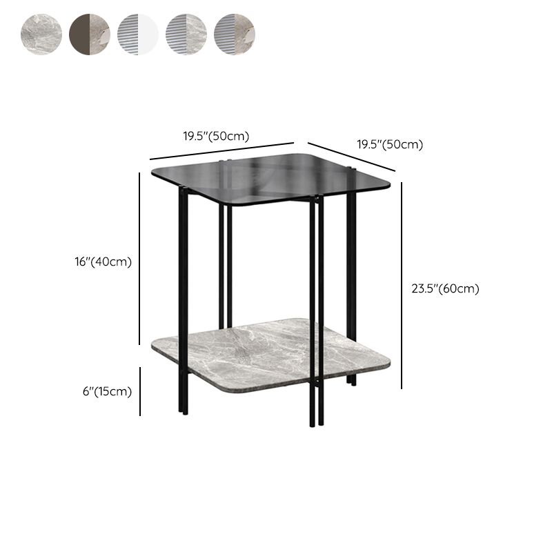 Glass Square 4 Legs Side Table 23.6" Tall End Table with Storage Shelf
