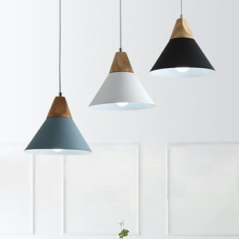 Metallic Conical Shade Hanging Light Nordic Style 3 Bulbs Wood Multi Light Pendant