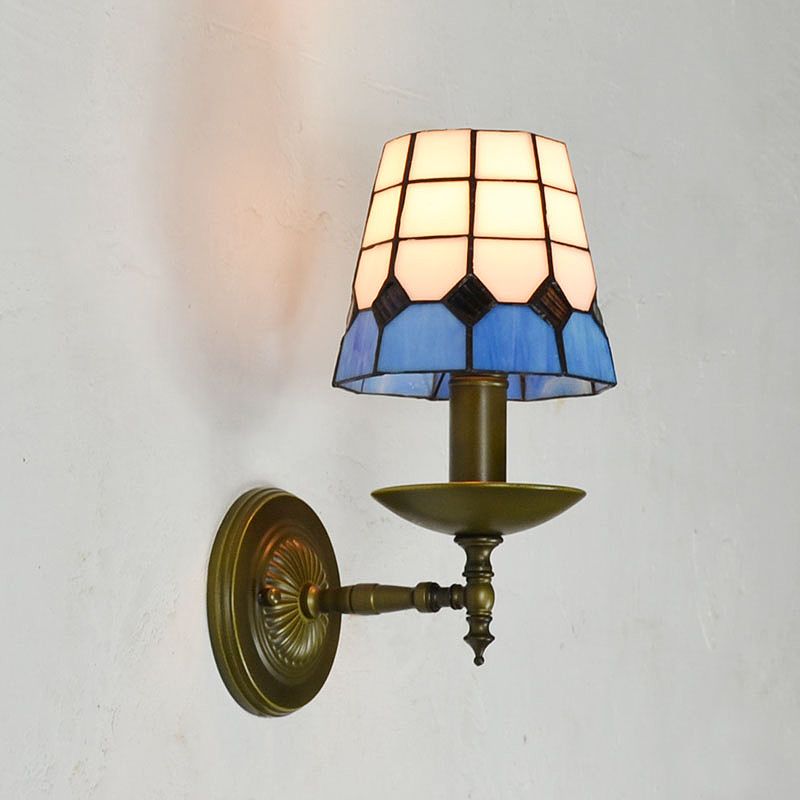 Tiffany Grid Patterned Wall Lighting Fixture 1 Light Hand Cut Glass Sconce Light in Orange/Blue/Green