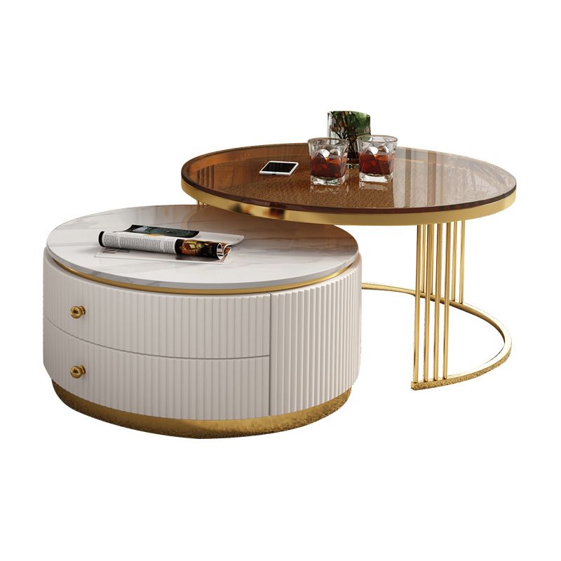 Modern Coffee Cocktail Table Round Glass / Slate Coffee Table with 2 Drawers