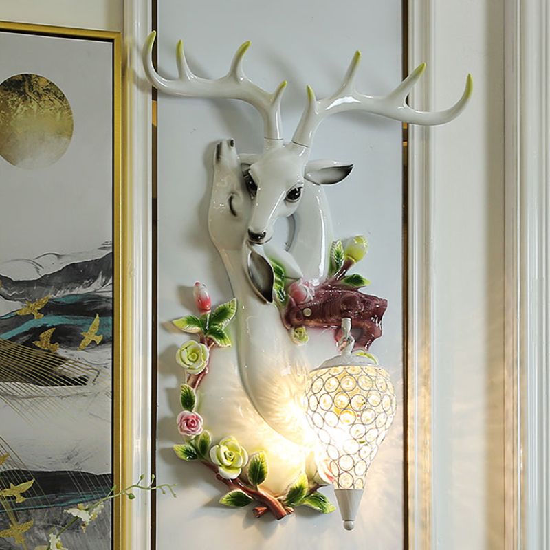 White/Gold 1 Light Wall Lighting Vintage Resin Deer Head Sconce Lamp with Droplet Crystal Shade