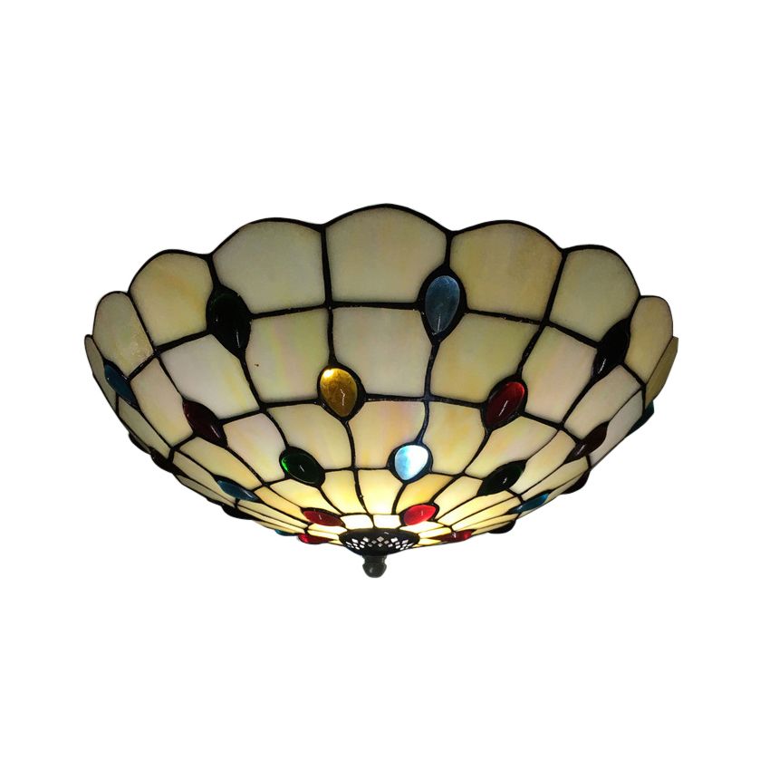 12/16/19.5-Inch Wide Bowl Ceiling Light Retro Style Stained Glass 1/2/3 Light Jewel Flushmount Ceiling Light in Beige/White/Yellow