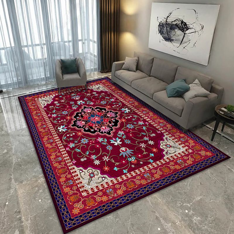 Dark Red Medallion Rug Polyester Modern Rug Washable Rug for Living Room