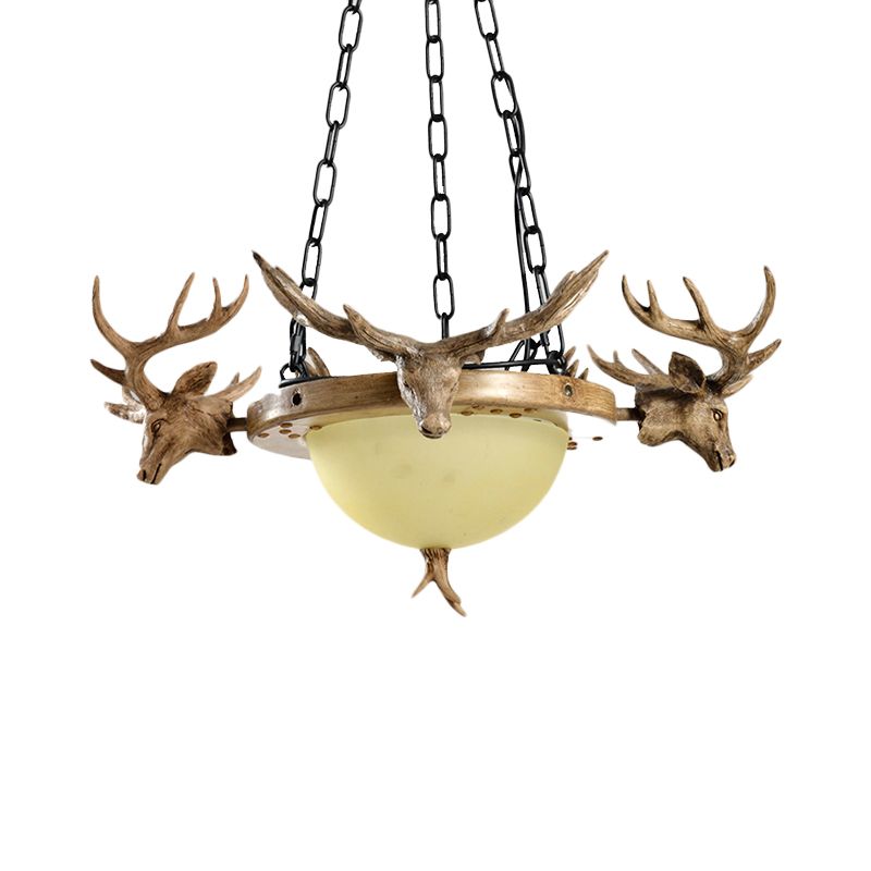 3-Bulb Glass Suspension Light Modern Beige Hemisphere Living Room Chandelier Lighting with Deer Head