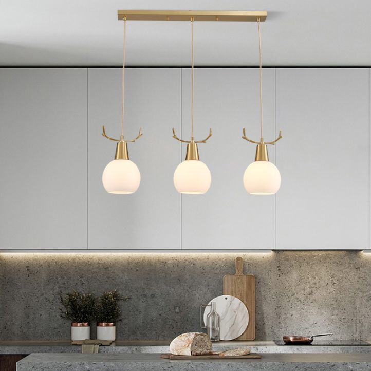 Brass Antler Pendant Light Nordic Style Metal Hanging Light with Dome Milk Glass Shade
