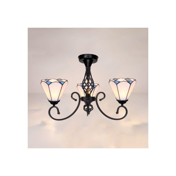 3 luces Luz de techo de vidrio manchado Luz de techo de montaje de superficie vintage vintage en blanco/azul