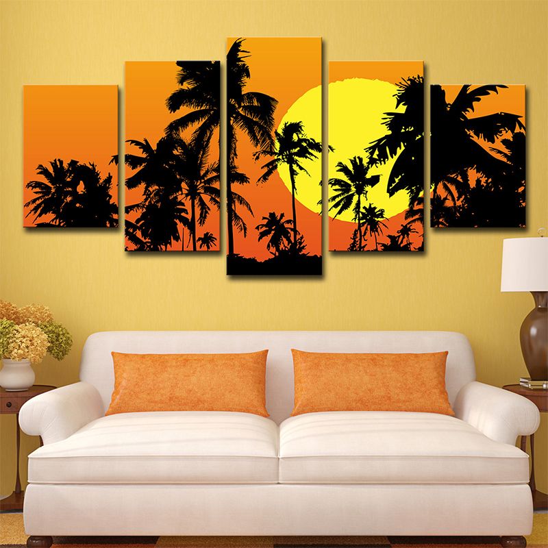 Tropical Wall Art Decor Orange Big Moon Behind Coconut Trees Canvas Print for Home