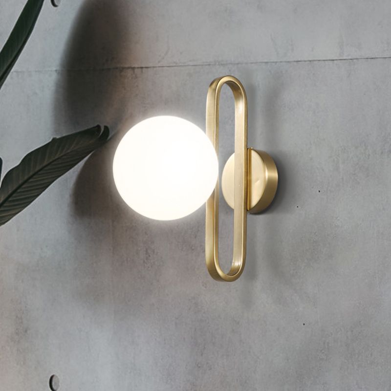 Cream Matte Glass Orb Wall Light Minimalist 1 Bulb Sconce Lighting with Gold Oval Arm