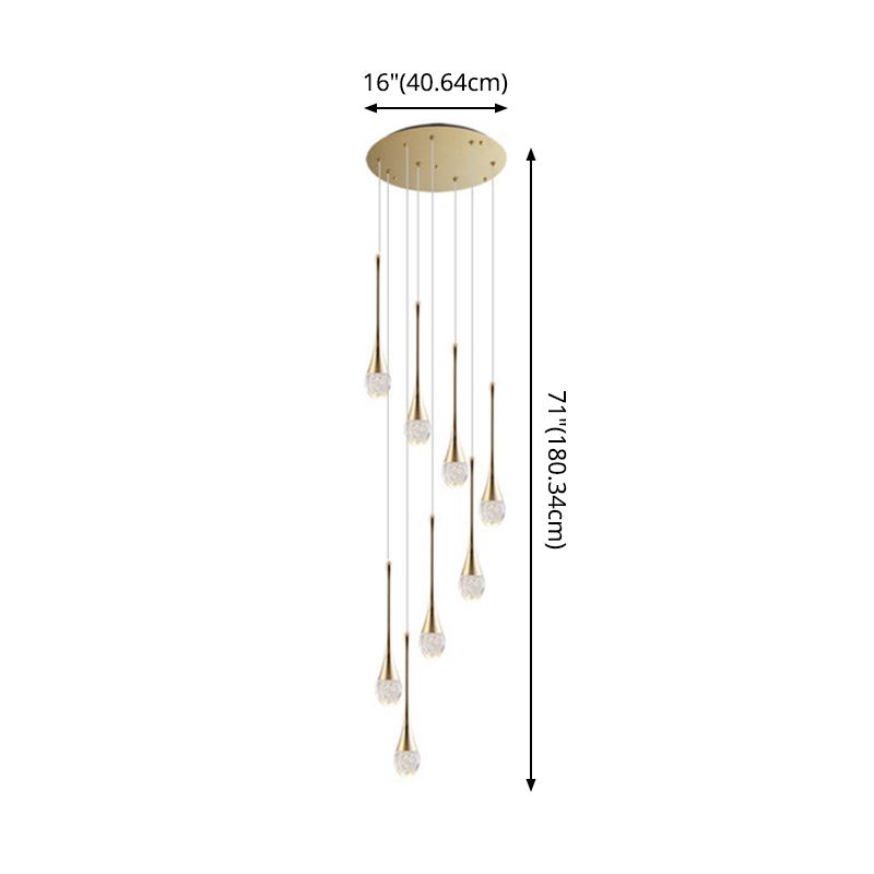 Modern Brass Crystal Hanging Light Long LED Cone Cascade Pendant Lights for Stairwell