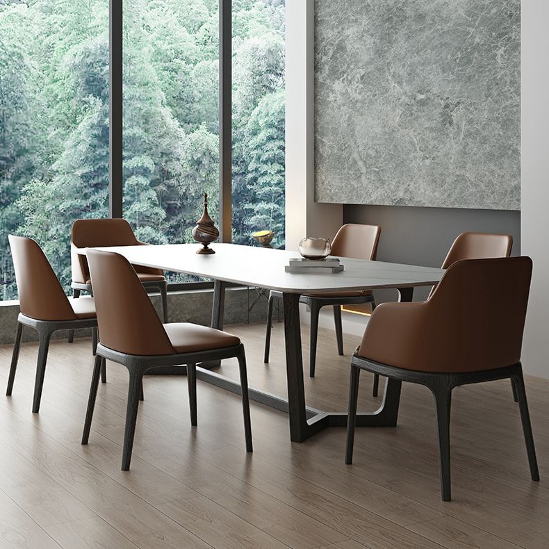 Rectangle Trestle Base Industrial Table White Fixed Table with Sintered Stone
