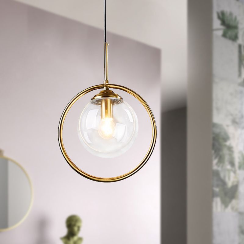 Gold Globe Pendant Lamp Postmodern 1 Head Smoke Gray/Clear Glass Hanging Light Kit for Bedroom