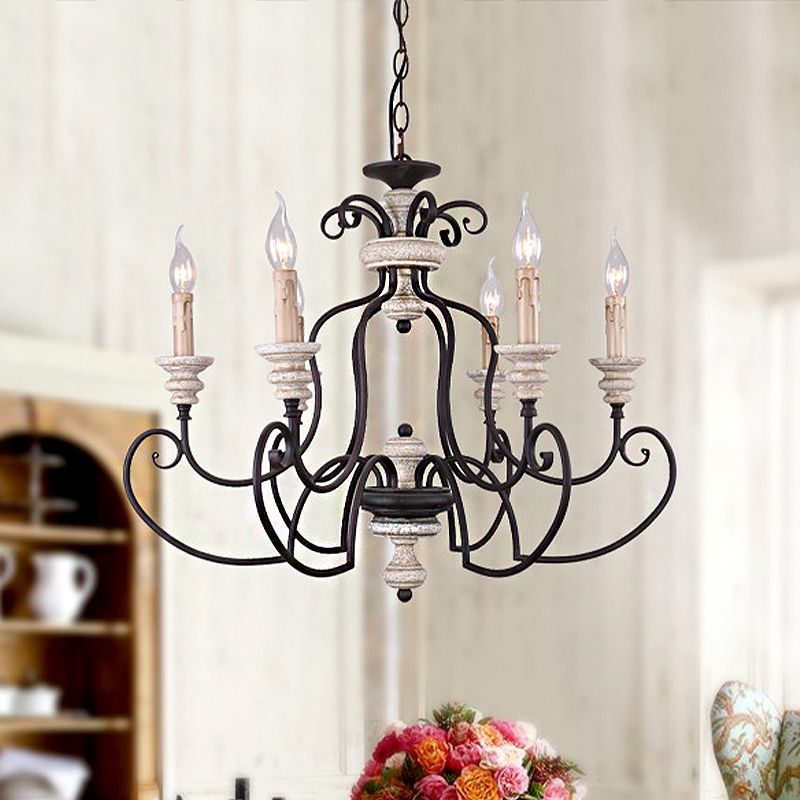 Traditional Candle-Style Hanging Lamp 6 Bulbs Metal Chandelier Light Fixture in Black