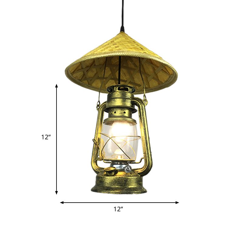 Lodge Style Hat Anhänger Leichtes Rattan 1 Leichter Esszimmer Hängende Lampe mit Metalllaterne in Messing, 12 "/18" W.
