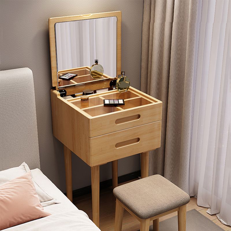Solid Wood Flip-top Vanity Set Mirrored Vanity Desk Stool Set