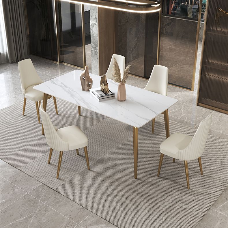 Luxury Sintered Stone Dining Table Rectangle White Table with Metal 4 Legs in Gold