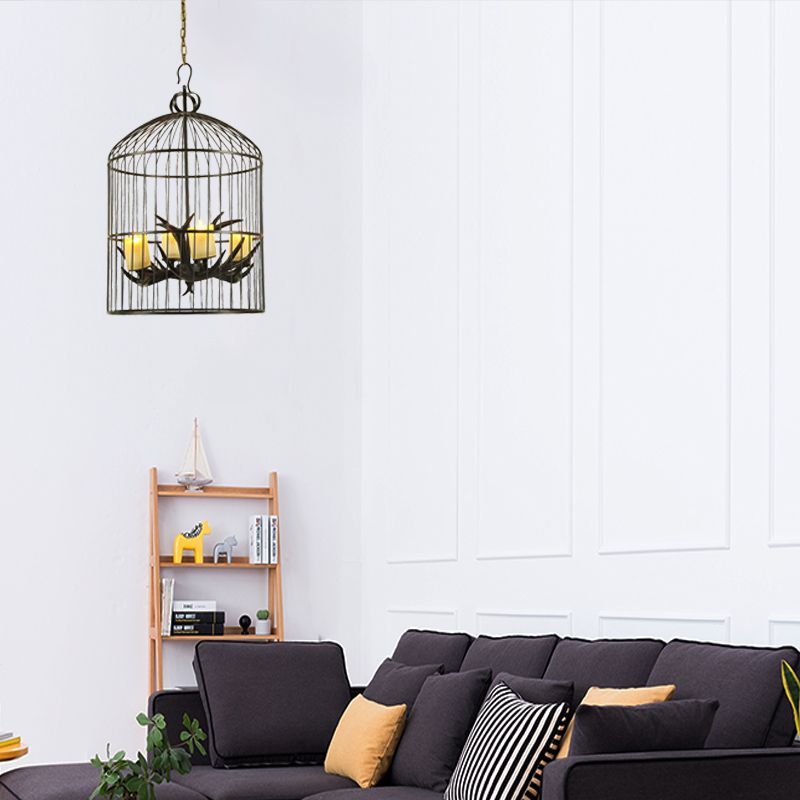 4 Lights Metal Chandelier Lamp Rustic Black Birdcage Living Room Down Lighting Pendant with Frosted Glass Shade