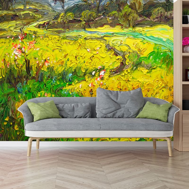 Artistic Summer Field Mural Wallpaper for Bedroom Decor Full Size Wall Covering in Yellow-Green