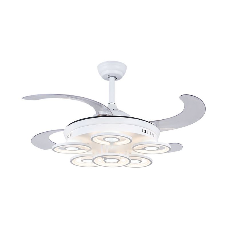 Cirkel acryl hanger ventilator lamp Noordse led slaapkamer semi -flush mount verlichting in wit met 4 heldere messen, 42 "breedte
