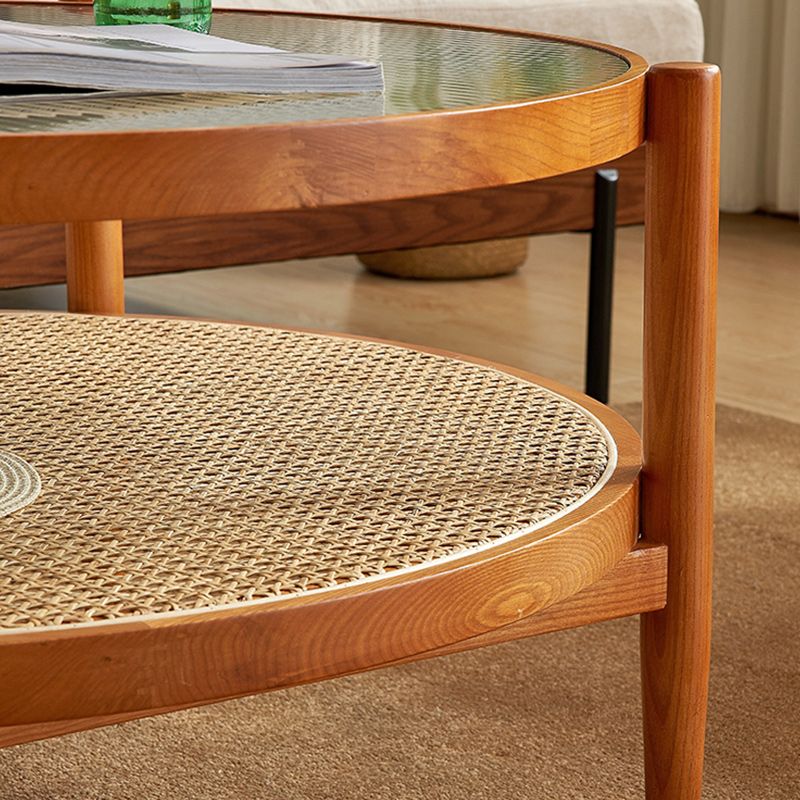 Tropical Round Cocktail Table Glass Top Coffee Cocktail Table with Shelf