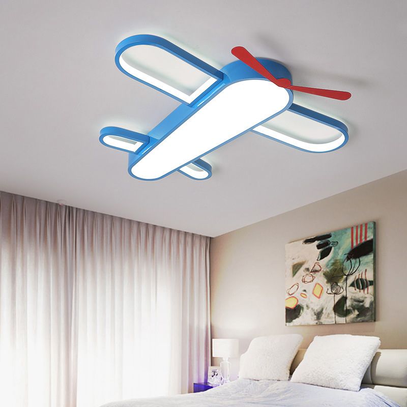 Blue Aircraft LED Flush Mount Lighting Cartoon Metal Flushmount Ceiling Lamp for Bedroom