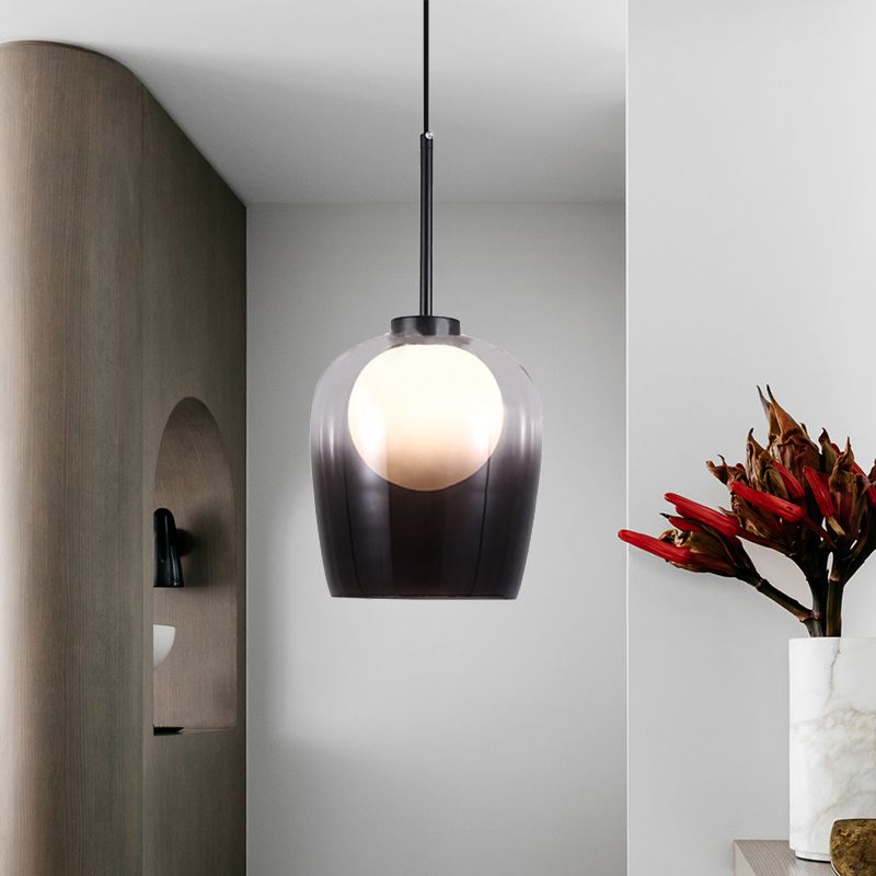 Smoke Gray Glass Dome Pendant Minimalism 1 Light LED White Suspension Lamp for Bedroom