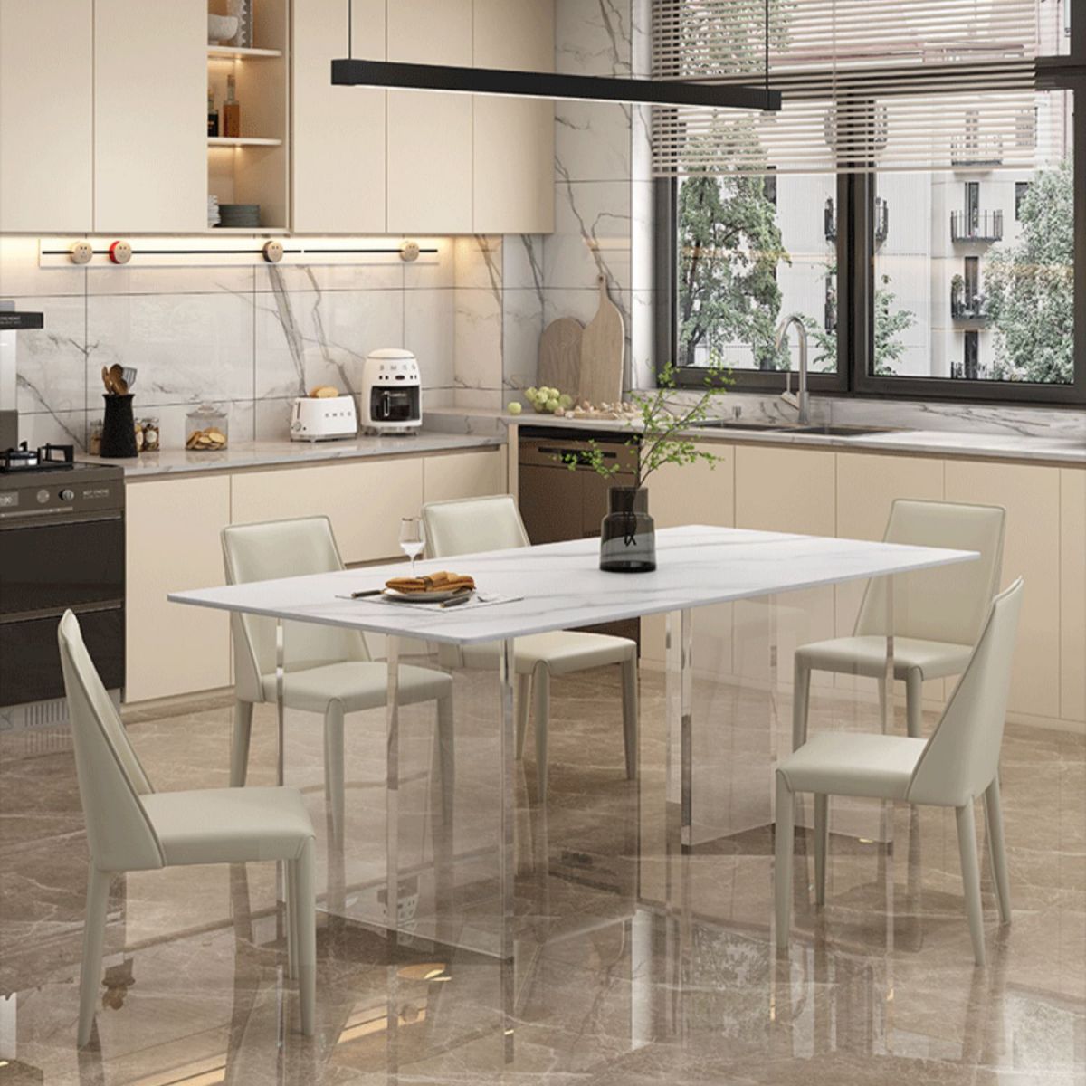 Modern White Dining Room Table Rectangle Acrylic and Stone Double Pedestal Table