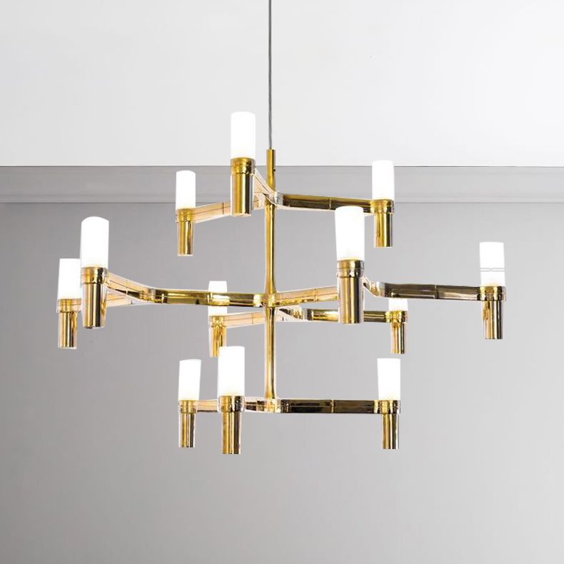 Black/White Crown Hanging Chandelier Light Modern 12 Lights Metallic Hanging Lamp with Frosted Glass Cylinder Shade