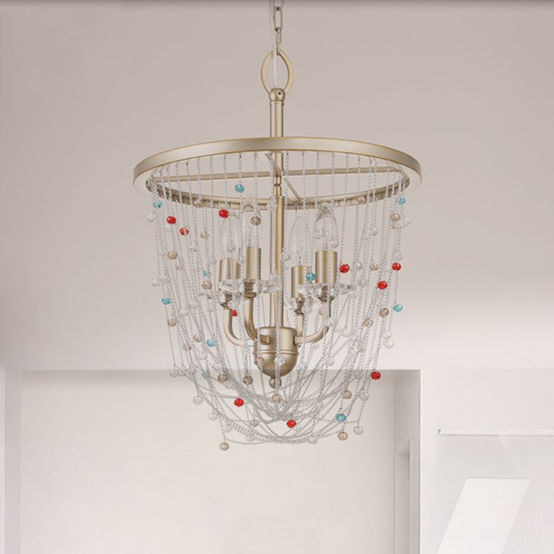 Kaarsen woonkamer kroonluchter moderne metaal 4 koppen goud hangende verlichting met kristal kraal streng decor, 15,5 "/23.5" w