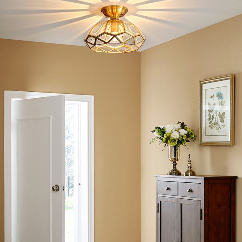 Glass and Metal Semi Flush Mount Gold 1 Light Colonial Ceiling Light for Entry