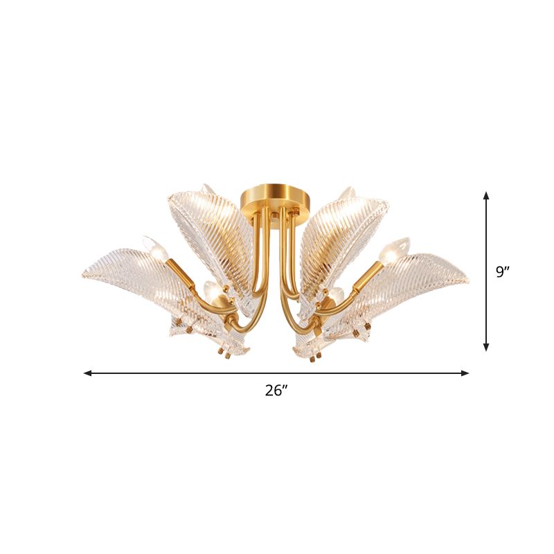 6 Heads Transparent Glass Ceiling Lamp Postmodern Brass Leaf Bedroom Semi Flush Mount Light