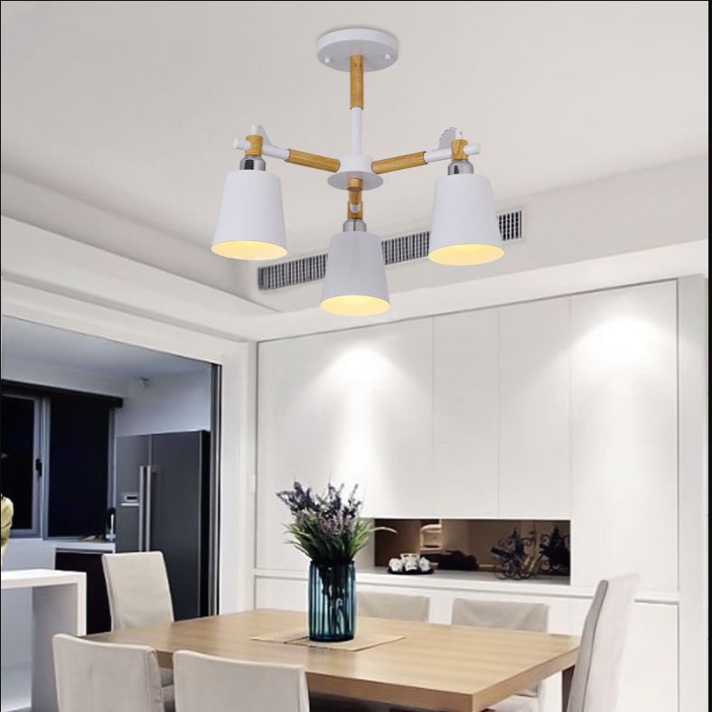 Dining Room Pendant Lamp Modern Wooden Minimalism Hanging Light with Downward Metal Cloche Shade