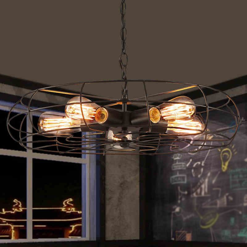 Round Caged Restaurant Ceiling Pendant Industrial Iron 5-Bulb 19"/21.5" W Black Chandelier Lamp
