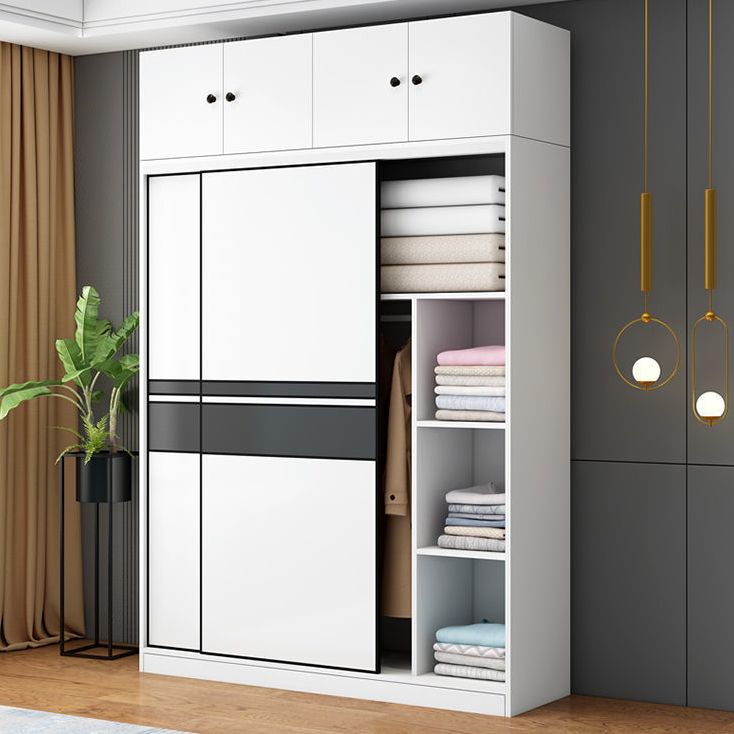 Contemporary Style Wooden Wardrobe White Colour Cloth Rod Included Wardrobe Closet