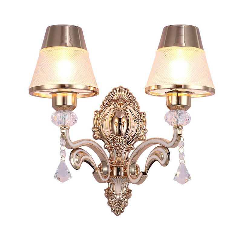 Lampada a parete cono Vintage Filish Metal 2 Luci Luce in ottone Sconce con tonalità in vetro trasparente e accento di cristallo
