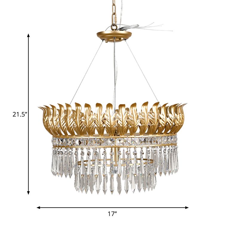 4-Bulb Chandelier Light Fixture Rural 2-Layered K9 Crystal Hanging Pendant in Gold with Leaf Deco
