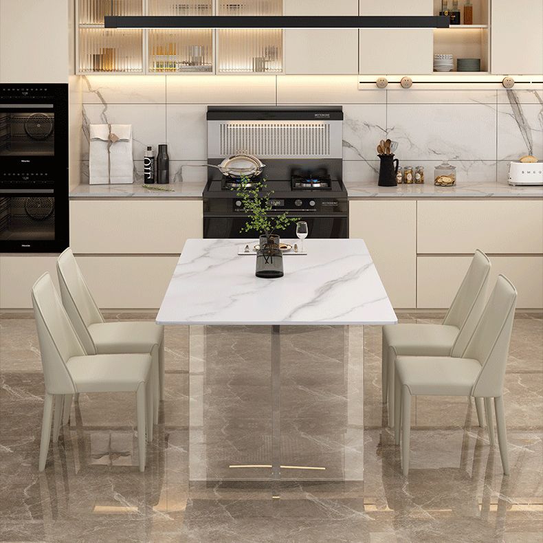 Modern White Dining Room Table Rectangle Acrylic and Stone Double Pedestal Table
